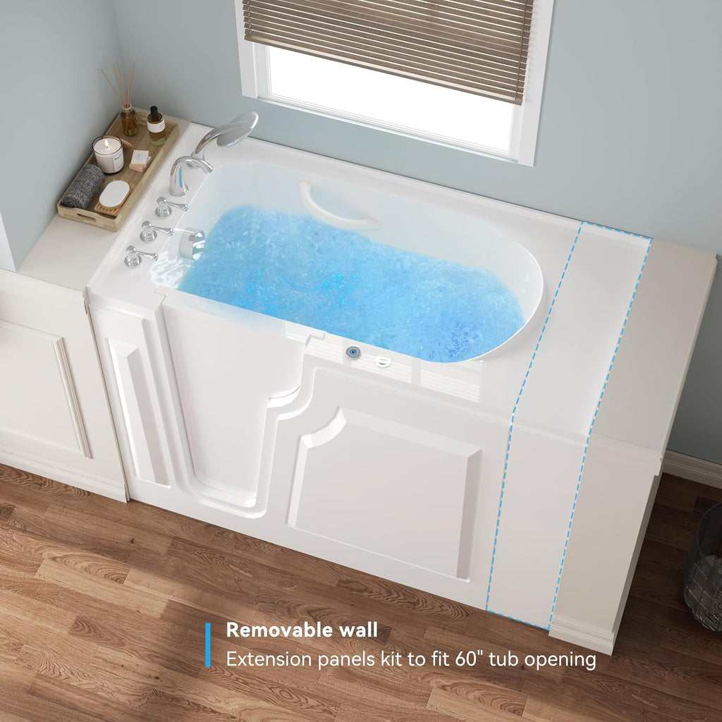 FerdY Floridian 52'x 30' Walk-in Whirlpool Bathtub with 14 Air Water SPA Jets and Left-Side Door Opening and Quick Fill and Drain System, Rectangular Soaking Bathtub in White