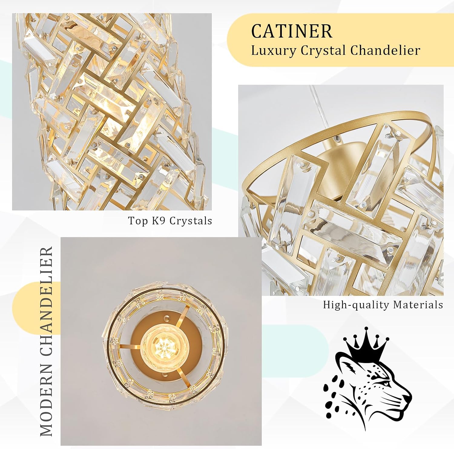 CATINER Modern Crystal Pendant Light Fixture 3-Pack Gold Finish Hanging Lighting Crystal Chandelier for Kitchen Island