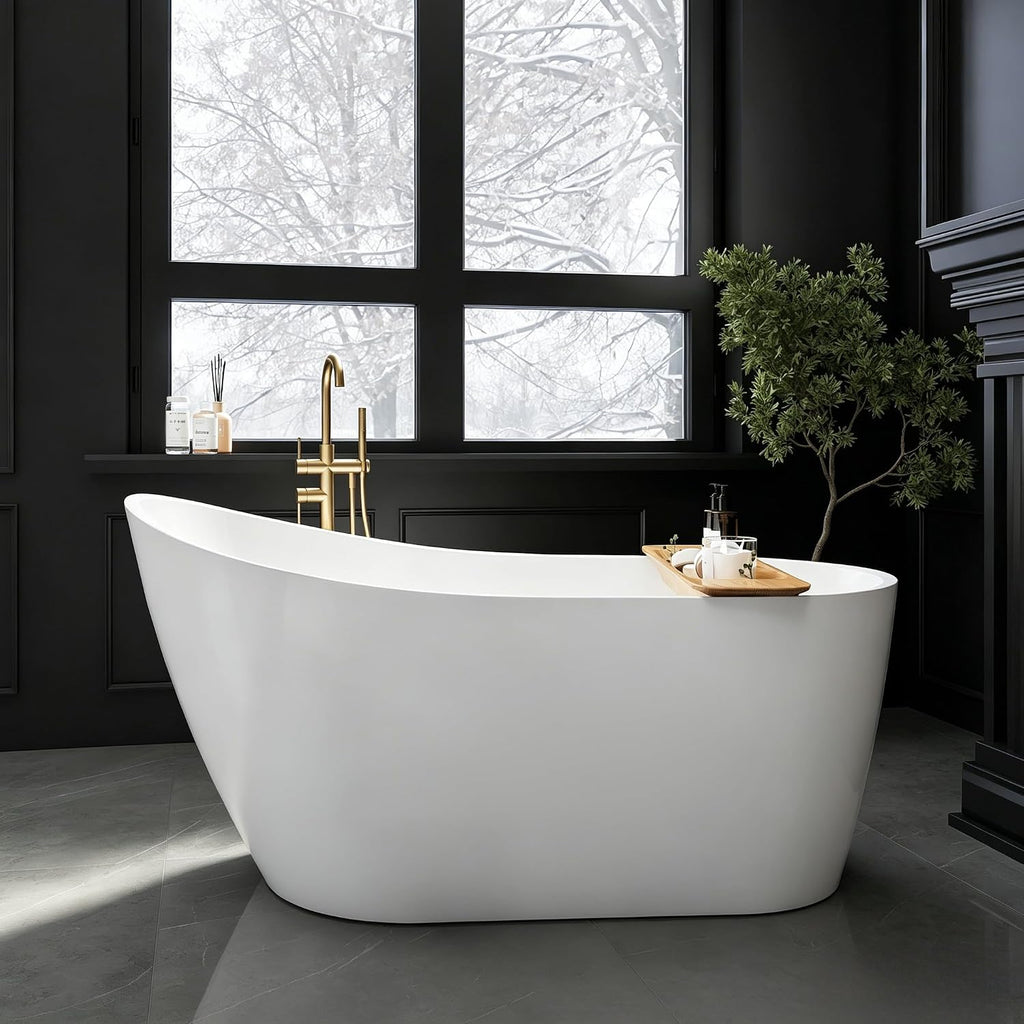 59' High-Back Acrylic Freestanding Bathtub, Stand Alone Tub, Soaking Tubs for Bathroom, Free Standing Tub with Integrated Overflow and Drain, cUPC Certified, Gloss White