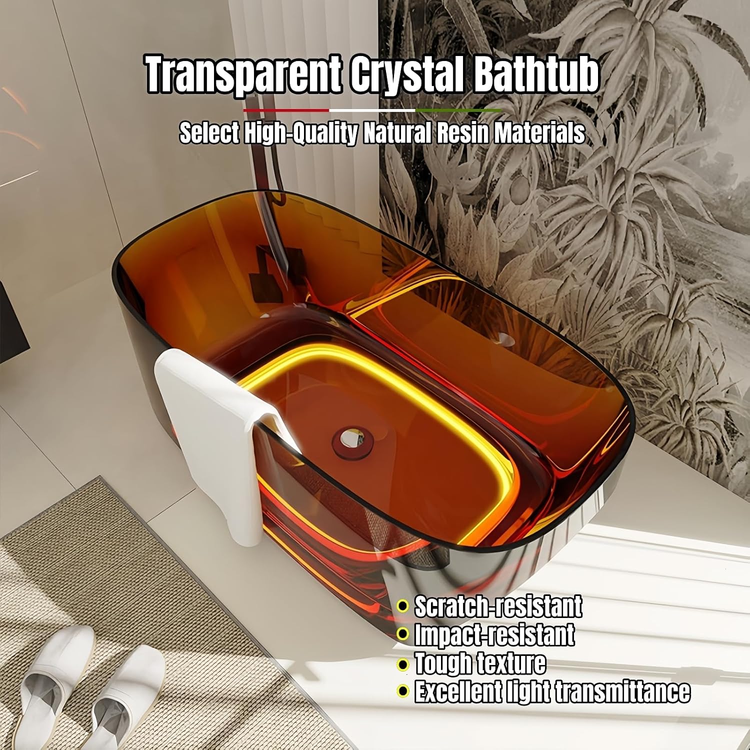 63' Edeyeu Transparent Freestanding Bathtub – Solid Surface Bathtub Soaking Tub With Ambient Light, Deep Resin Design And Ergonomic Backrest For Modern Bathroom Luxury With Drain Gray