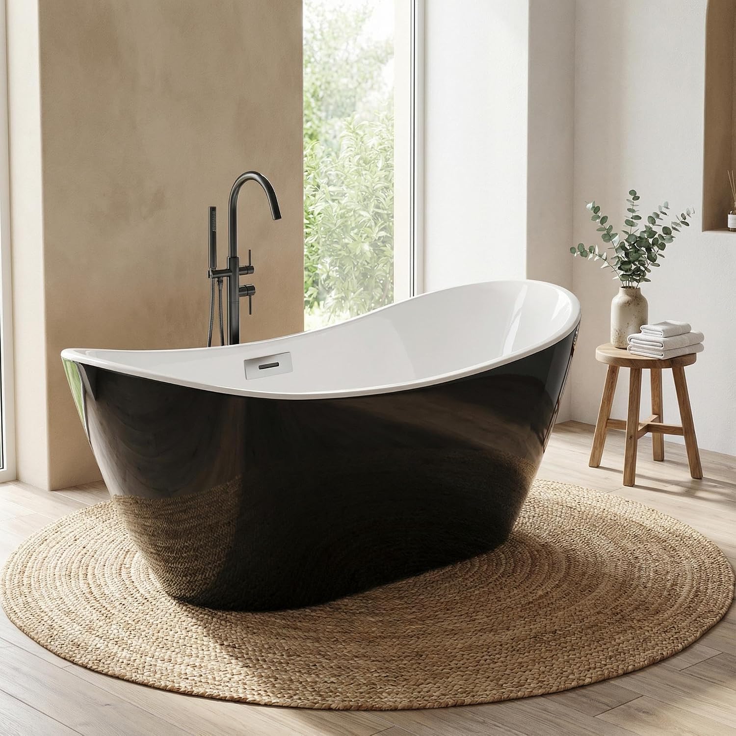 GarveeLife 59 Inch Freestanding Bathtub, Black and White Soaking Tub, Modern Acrylic Standalone Soaker with Matte Black Overflow & Pop-Up Drain, Two-Tone Finish