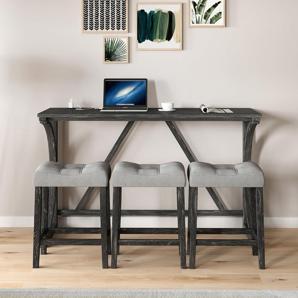 Polibi Farmhouse Counter Height Dining Set - Bar Table and Chairs, Wood Dining Table with Power Outlet and 3 Upholstered Stools for Breakfast Nook, Living Room, Black