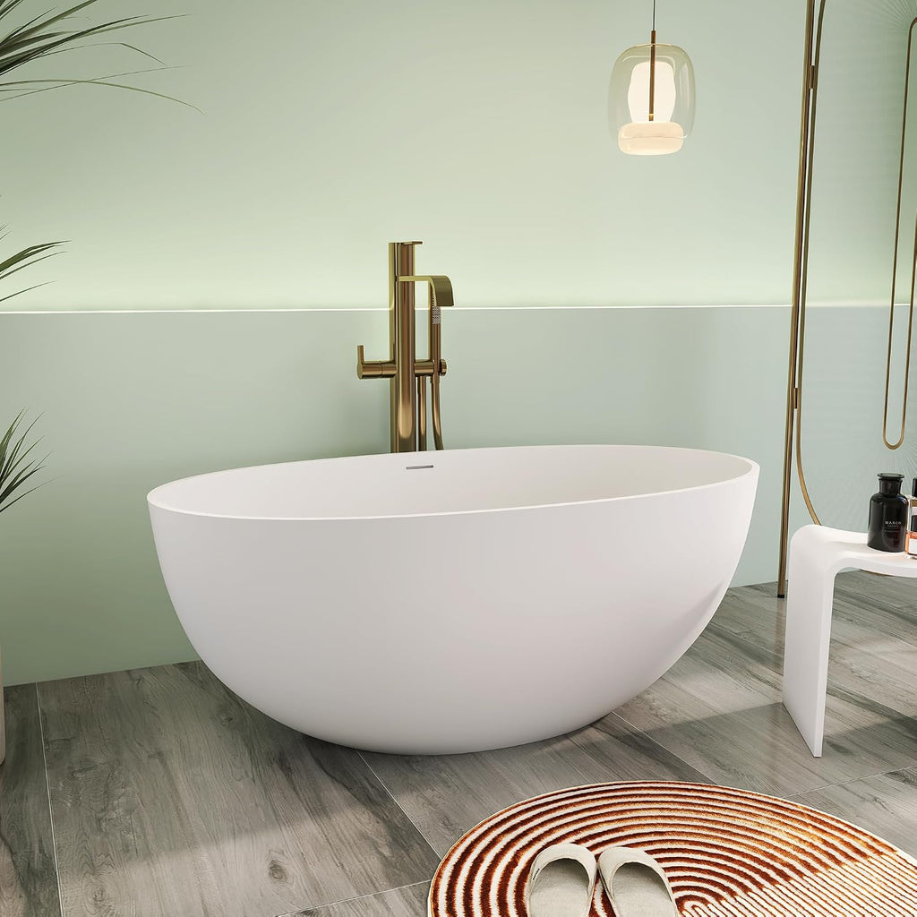 55' Premium Solid Surface Freestanding Bathtub, Upgraded Oval Stone Resin Tub with Overflow and Pop-up Drain, Matte White