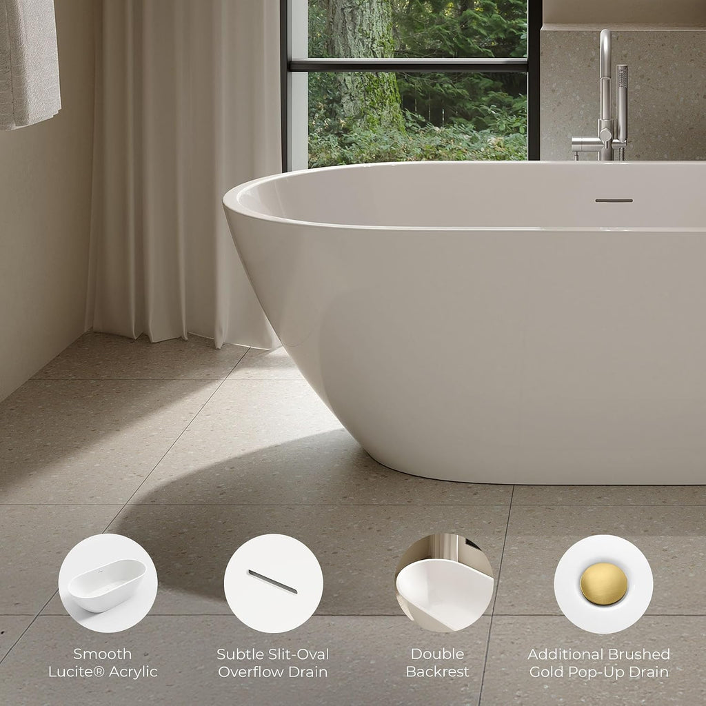 OVE Decors Ayago 66 in. Solid Surface Freestanding White Acrylic Soaking Bathtub, with Overflow and Brushed Gold Pop-up Drain