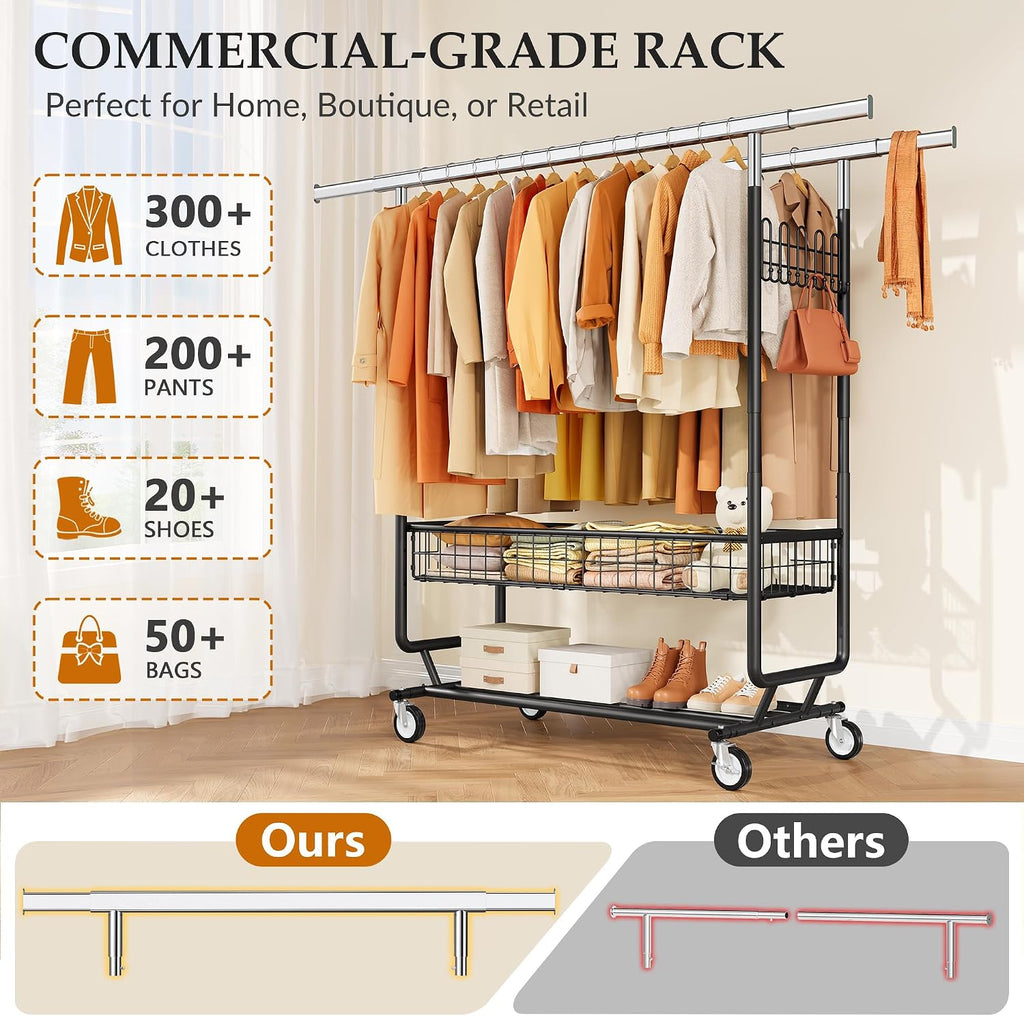 Gewudraw Heavy Duty Clothes Rack with Metal Basket, 1060 LBS Rolling Double Rod Garment Rack, Portable Extendable Clothing Rack with Wheel for Bedroom, Laundry Room & Retail Store