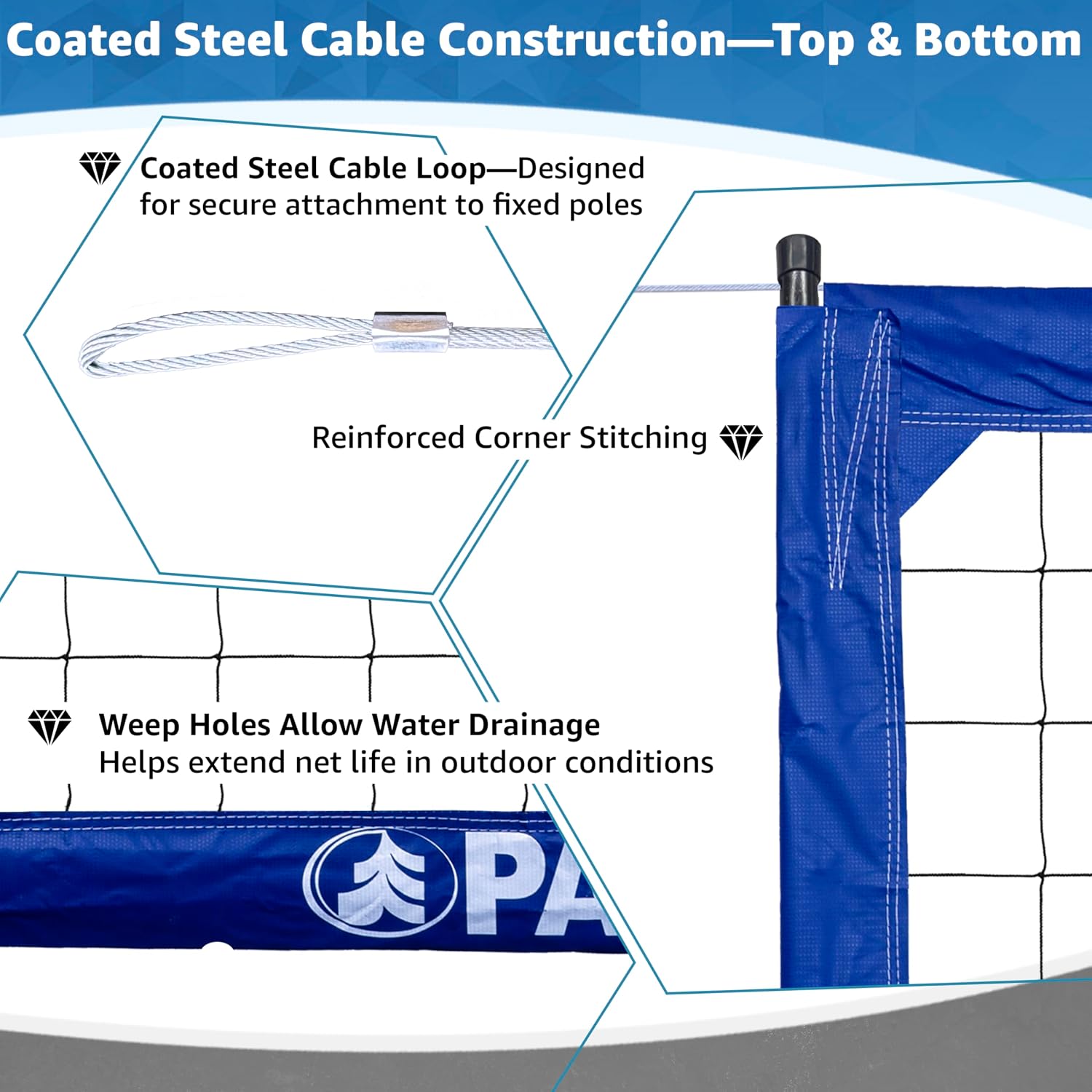 Park & Sun Sports Regulation Size Indoor/Outdoor Professional Volleyball Net with Steel Cable Top and Bottom, Blue, One Size