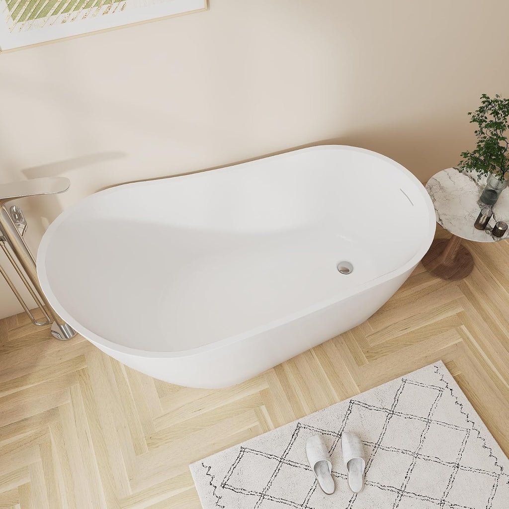 67'' Freestanding White Acrylic Bathtub, Oval Soaking Tub | Oval White Acrylic Freestanding Soaking Tub with Chrome Drain & 4 Adjustable Leveling Feet, No Overflow Cover & Drain Pipe