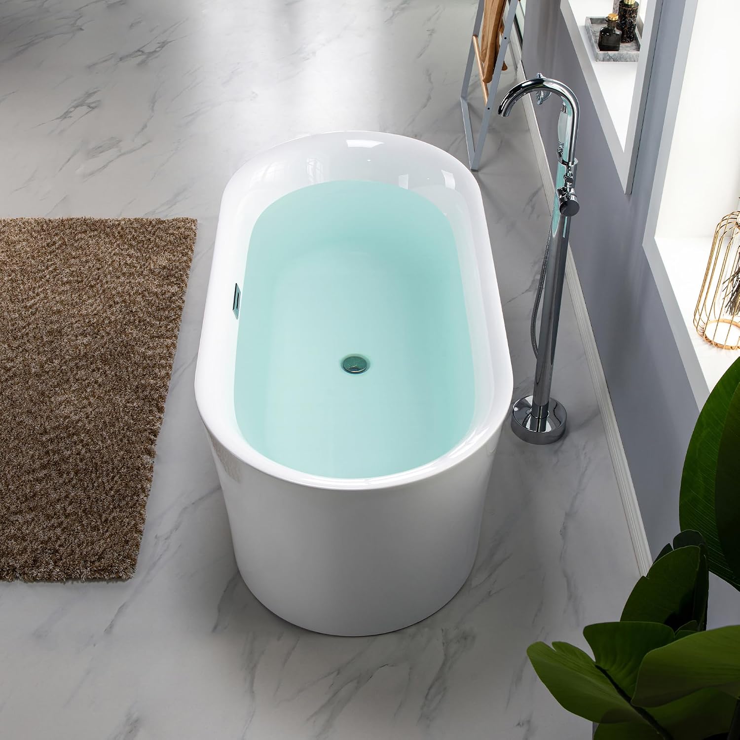 WOODBRIDGE 59' Acrylic Freestanding Bathtub Contemporary Soaking Tub with Brushed Nickel Overflow and Drain,White Tub,B0058-BN