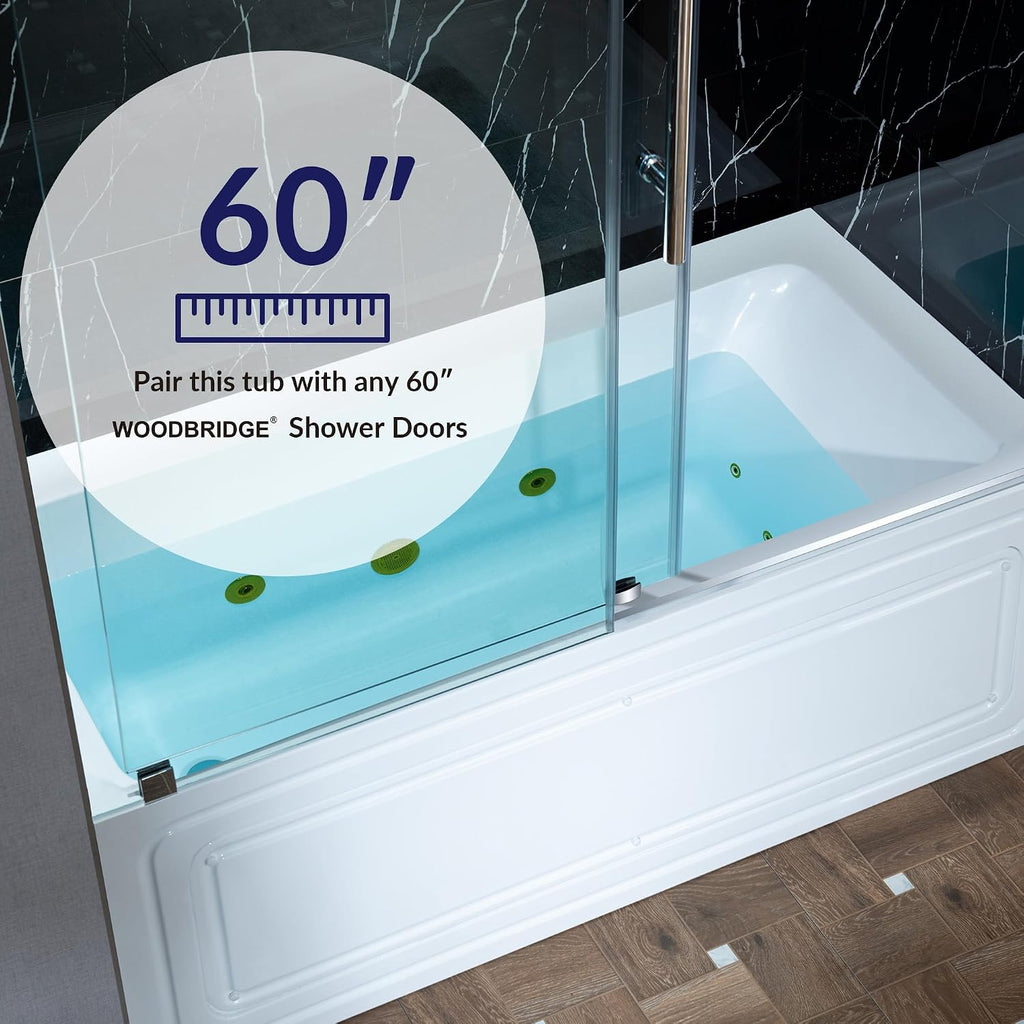 WOODBRIDGE 60' x 30' Alcove Acrylic Rectangular Whirlpool Heated Jetted Tub in White with Left Drain, Brushed Gold Finish Trim and Drain Kit Included, BS428-L-BG03