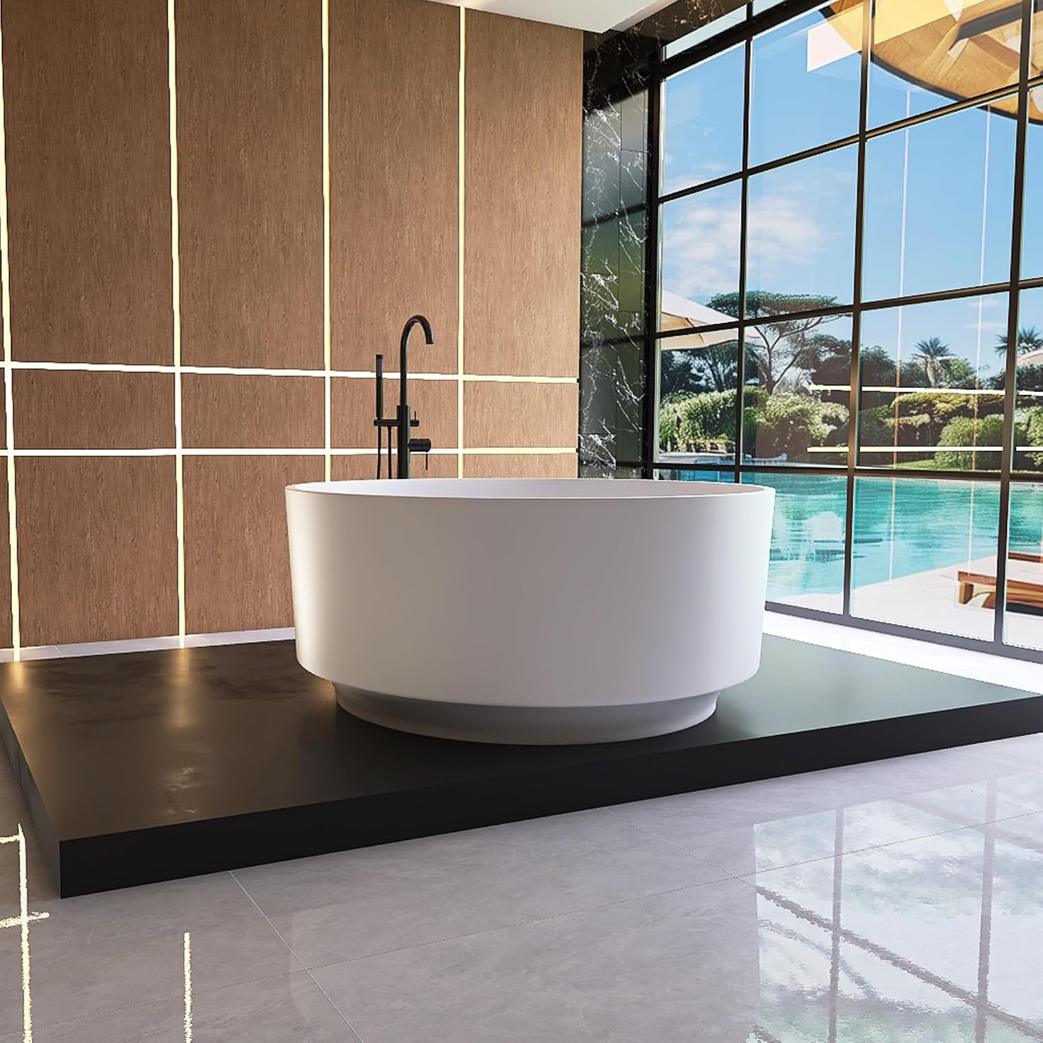 Round Freestanding Tub 49', Solid Surface Bathtub Matte White | Deep Soaking Bathtub, Stone Resin Stand Alone Tub with Overflow and Pop-up Drain, cUPC Certifie