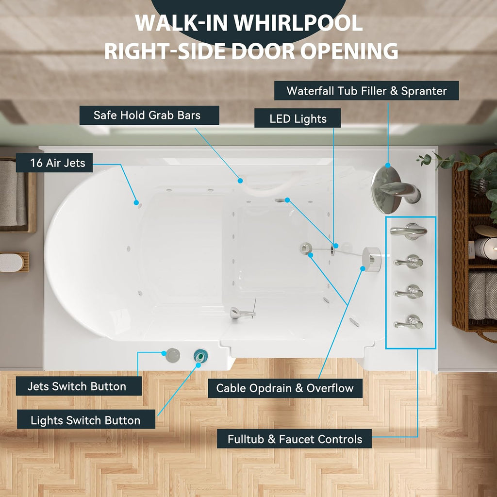 FerdY Floridian 55'x33' Walk-in Whirlpool Bathtub with 16 Air Water SPA Jets and Right-Side Door Opening and Quick Fill and Drain System, Rectangular Soaking Jetted Bath Tub in White with LED Lights
