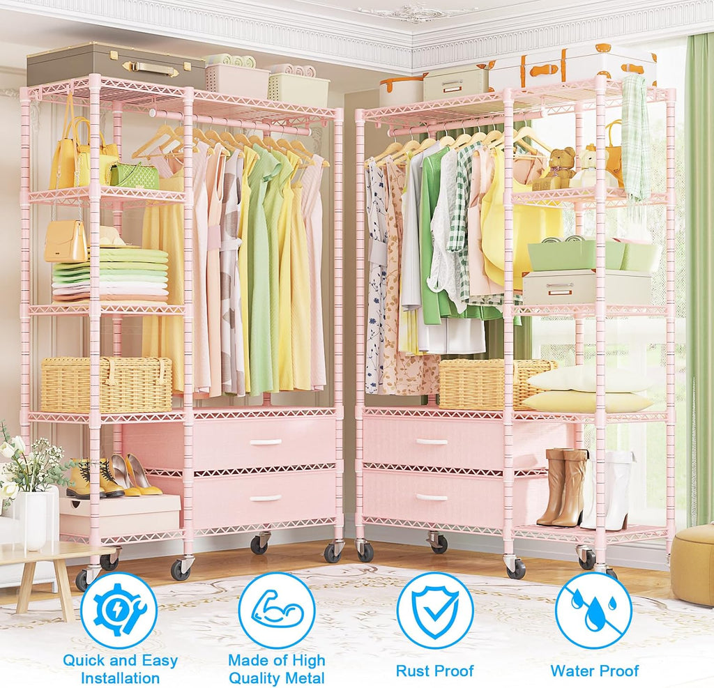 Ulif F3R Heavy Duty Clothes Rack（With Lockable Wheels）Freestanding Clothing Racks for Hanging Clothes，Adjustable Closet Organizer System，Portable Garment Rack 40'W x 15'D x 74'H，Max Load 700LBS，Pink