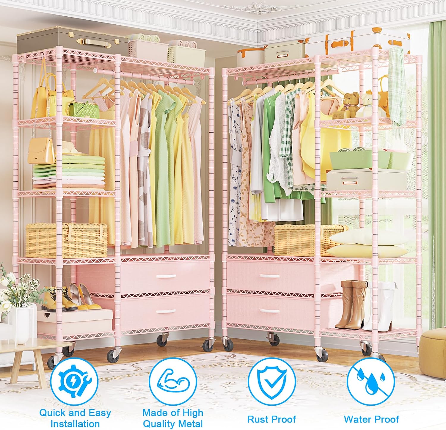 Ulif F3R Heavy Duty Clothes Rack（With Lockable Wheels）Freestanding Clothing Racks for Hanging Clothes，Adjustable Closet Organizer System，Portable Garment Rack 40'W x 15'D x 74'H，Max Load 700LBS，Pink