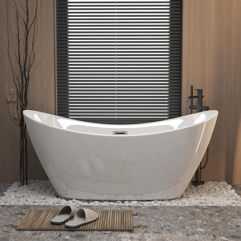 Zavdz 59'' Gloss White Freestanding Acrylic Bathtub, Soaking Tub with Chrome Overflow & Pop-Up Drain, CUPC Certified, Easy Install & Spacious Design