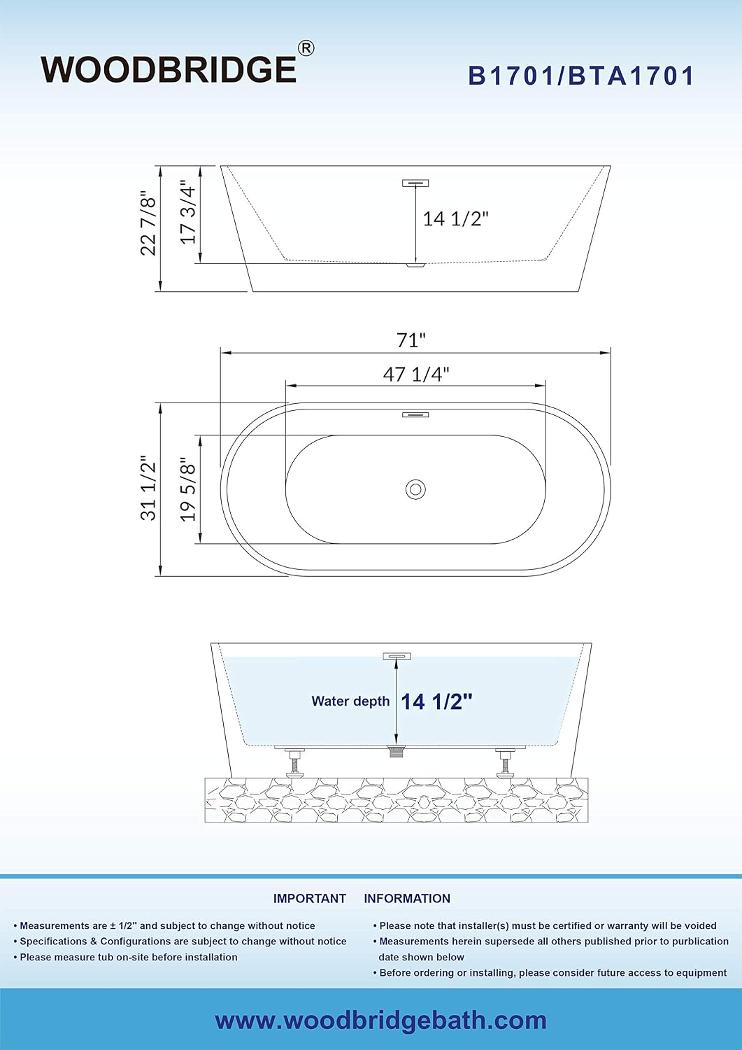 WOODBRIDGE 71' Acrylic Freestanding Bathtub Contemporary Soaking White Tub with Brushed Gold Overflow and Drain,B1701-BG