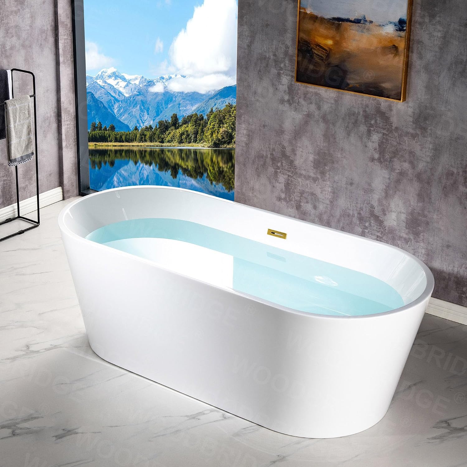 WOODBRIDGE 71' Acrylic Freestanding Bathtub Contemporary Soaking White Tub with Brushed Gold Overflow and Drain,B1701-BG