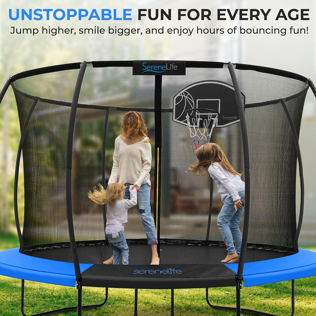 SereneLife 8FT 10FT 12FT 14FT Outdoor Trampoline for Kids - Recreational Backyard Trampoline with Curved Safety Poles and Net Enclosure- ASTM Approval for Kids Adults