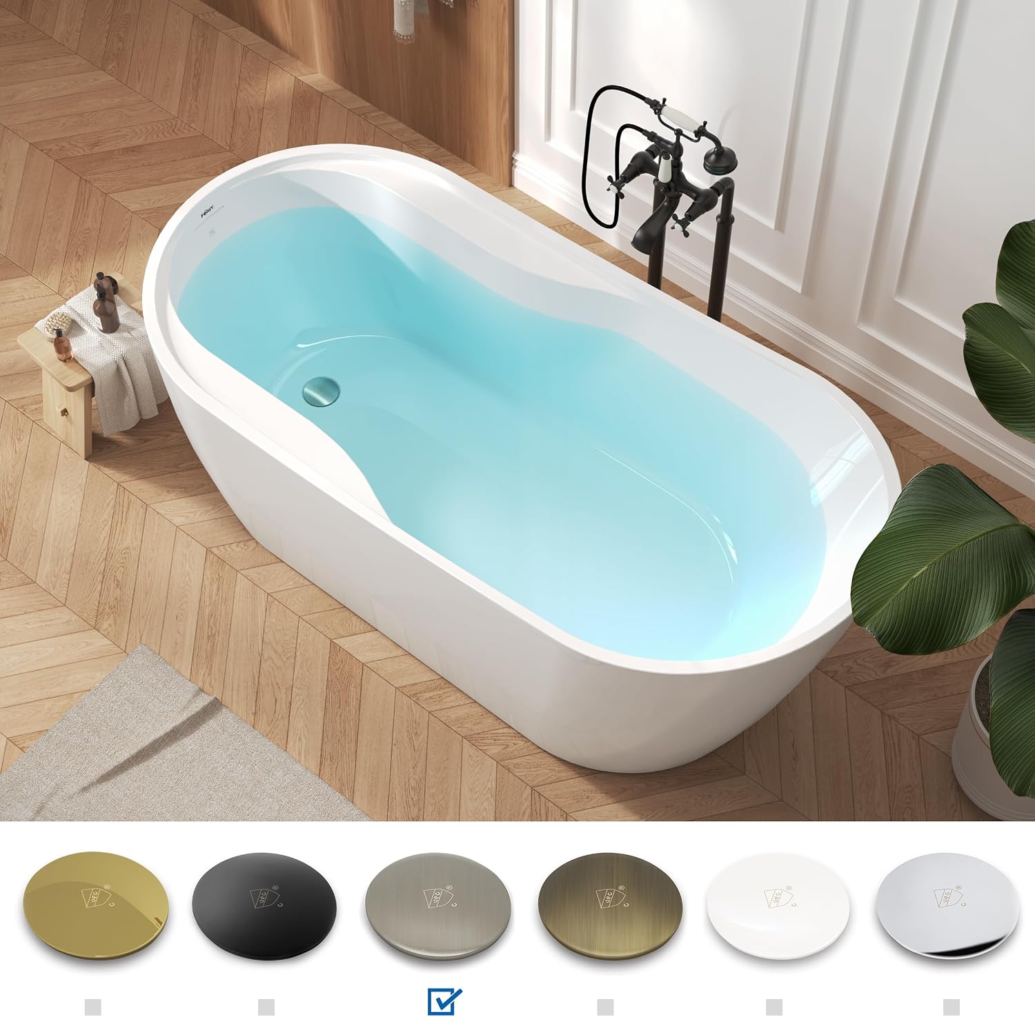 FerdY Lana'i 67' Freestanding Bathtub, Gracefully Shaped Freestanding Soaking tub, Glossy White, cUPC Certified, Brushed Nickel Drain Assembly Included