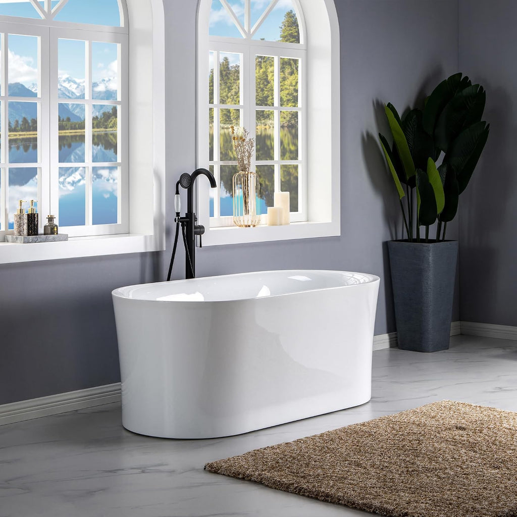 WOODBRIDGE 59' Acrylic Freestanding Bathtub Contemporary Soaking Tub with Brushed Nickel Overflow and Drain,White Tub,B0058-BN