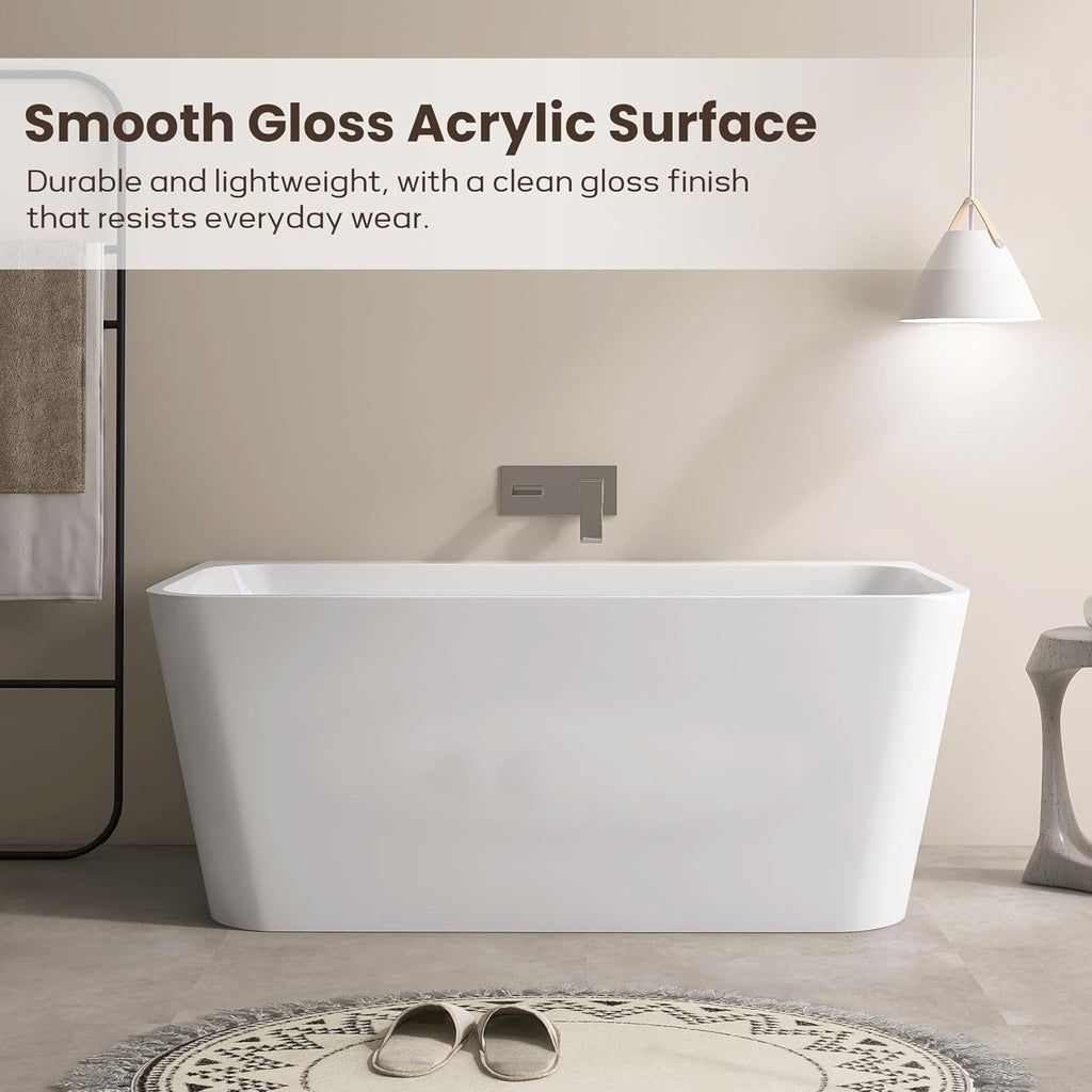 SJ STAR&JANE 55 Inch Acrylic Freestanding Bathtub,Modern Back to Wall Soaking Tub, Stand alone Acrylic Tub Integrated Center Drain & Overflow, Glossy White