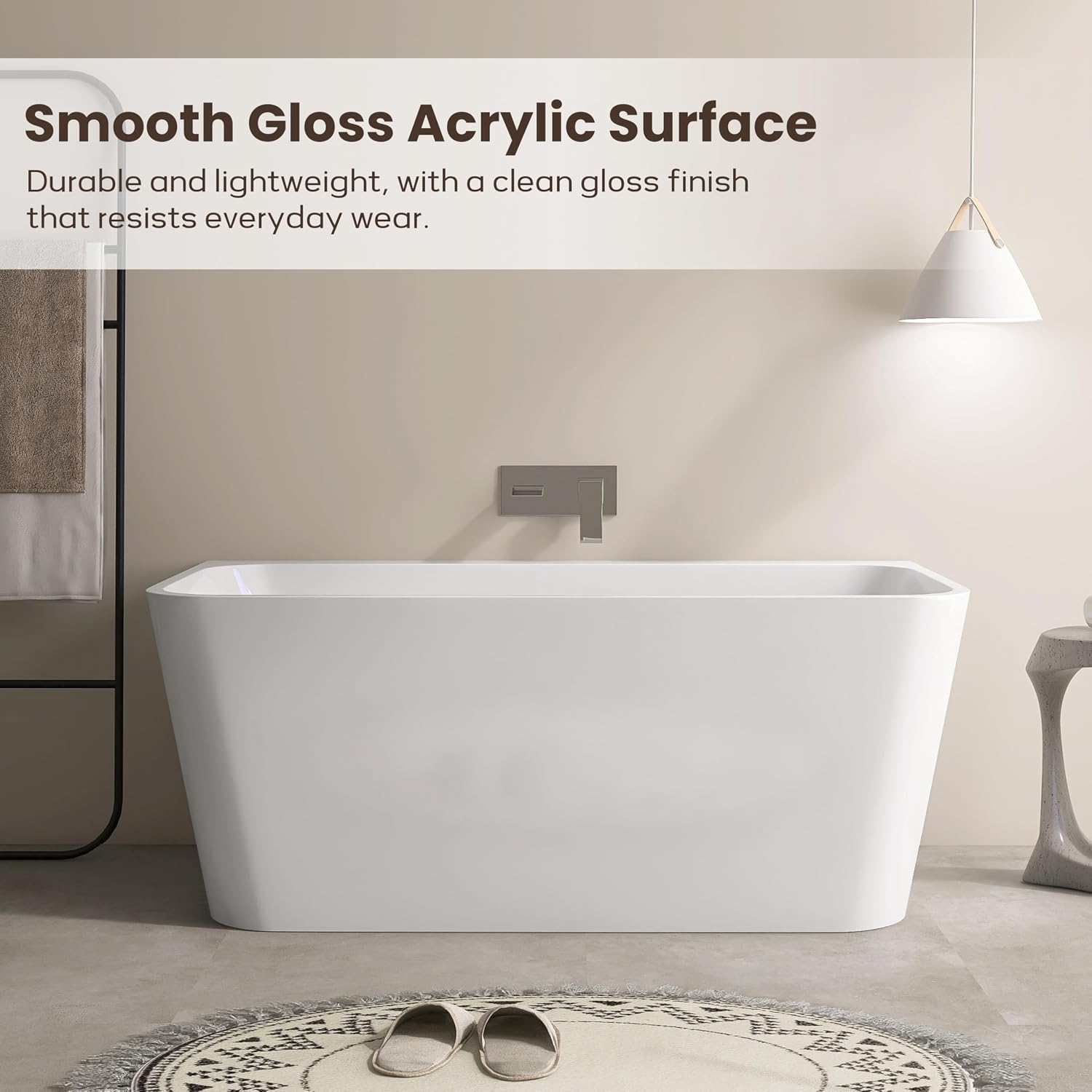 SJ STAR&JANE 55 Inch Acrylic Freestanding Bathtub,Modern Back to Wall Soaking Tub, Stand alone Acrylic Tub Integrated Center Drain & Overflow, Glossy White