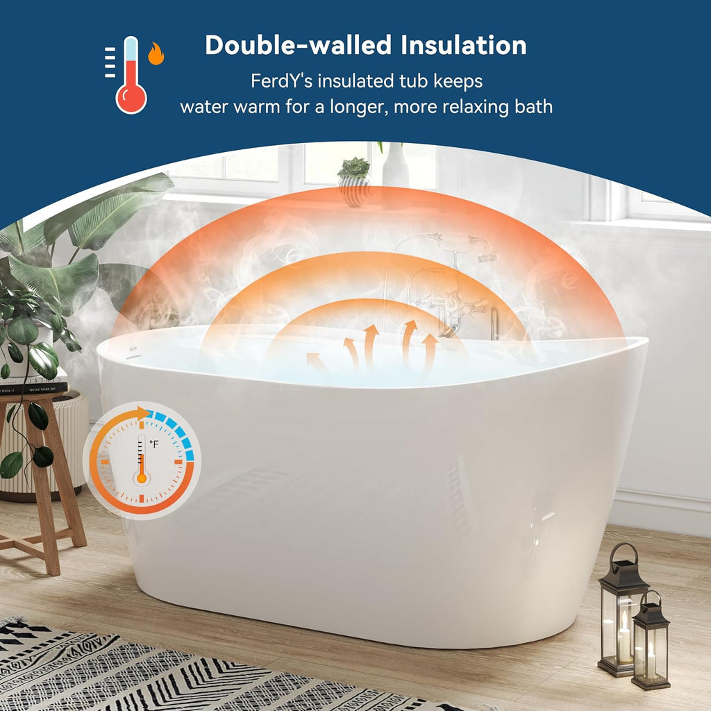 FerdY Lana'i 60' Freestanding Bathtub, Gracefully Shaped Freestanding Soaking tub, cUPC Certified, Brushed Gold Drain Assembly Included