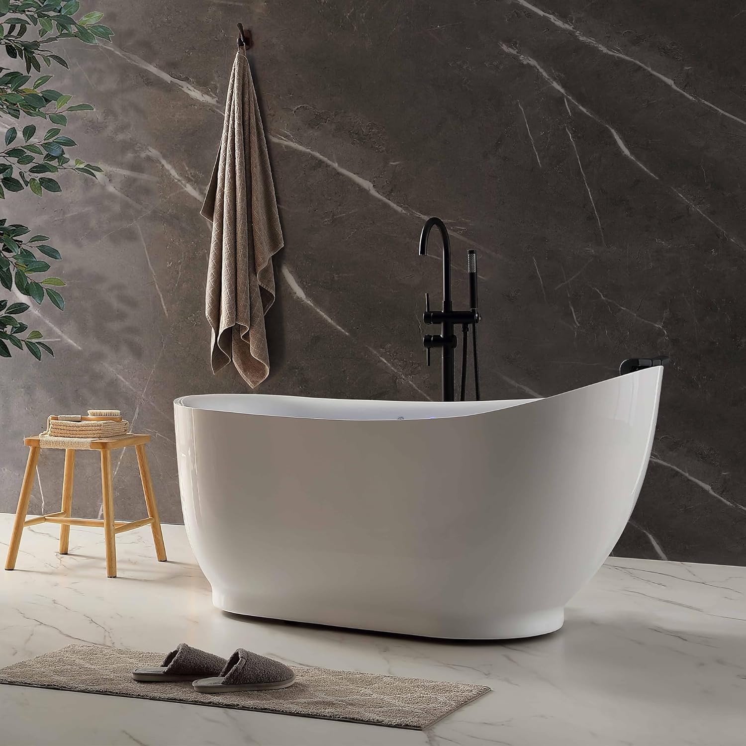 Empava Upgrade Acrylic Whirlpool Bathtub, 59 Inch Acrylic Freestanding Jetted Tub, Hydromassage Gracefully Oval Shaped with 16 Hydromassage Jets with Lumbar and Neck Support, Black Pillow