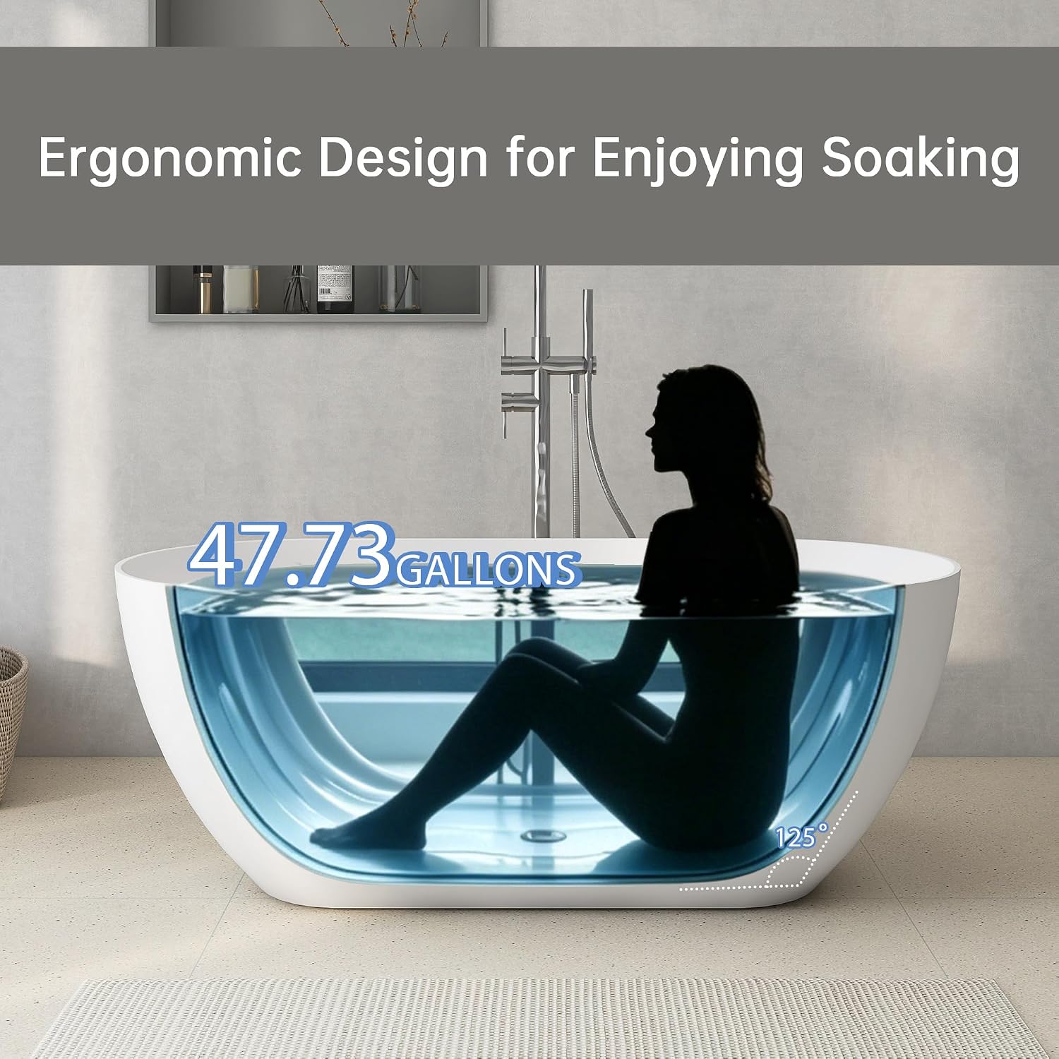 51' Stone Resin Freestanding Bathtub, Small Free Standing Tub, Solid Surface Bathroom Soaking Tub, Stand Alone Tubs with Integrated Slotted Overflow and Pop-up Drain, White 307-130