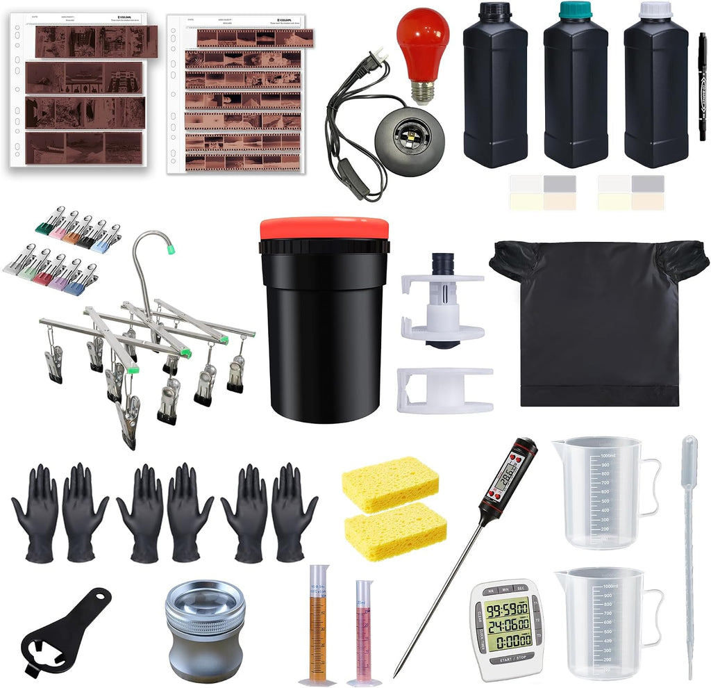 Darkroom Film Processing Equipment Kit for 135/120 Film, Color & B&W, 2 Rolls at a Time, 16-Piece Set