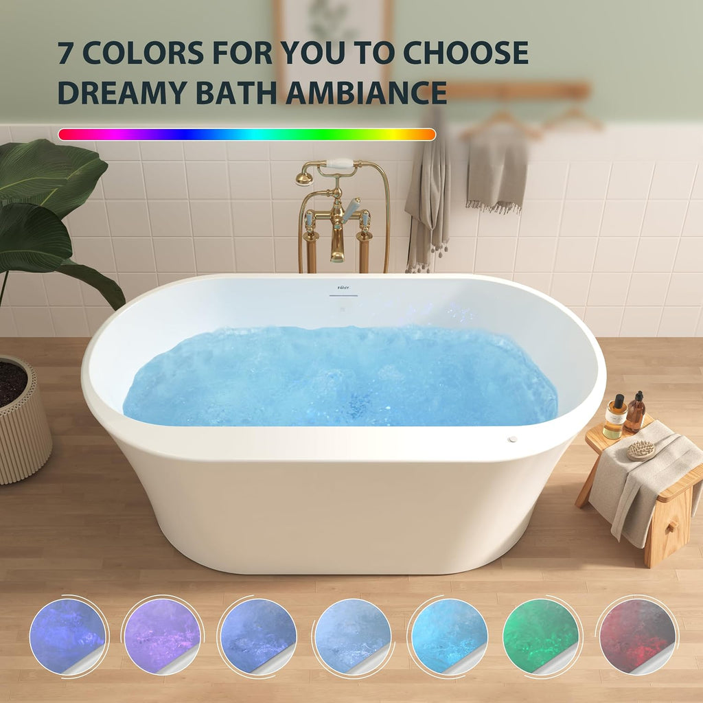 FerdY 59' Acrylic Freestanding Whirlpool Bathtub with LED Light, 8 Air & Water Jets, Contemporary Soaking tub with White Drain, Elegant Oval Shape, cUPC Certified, Mauritius