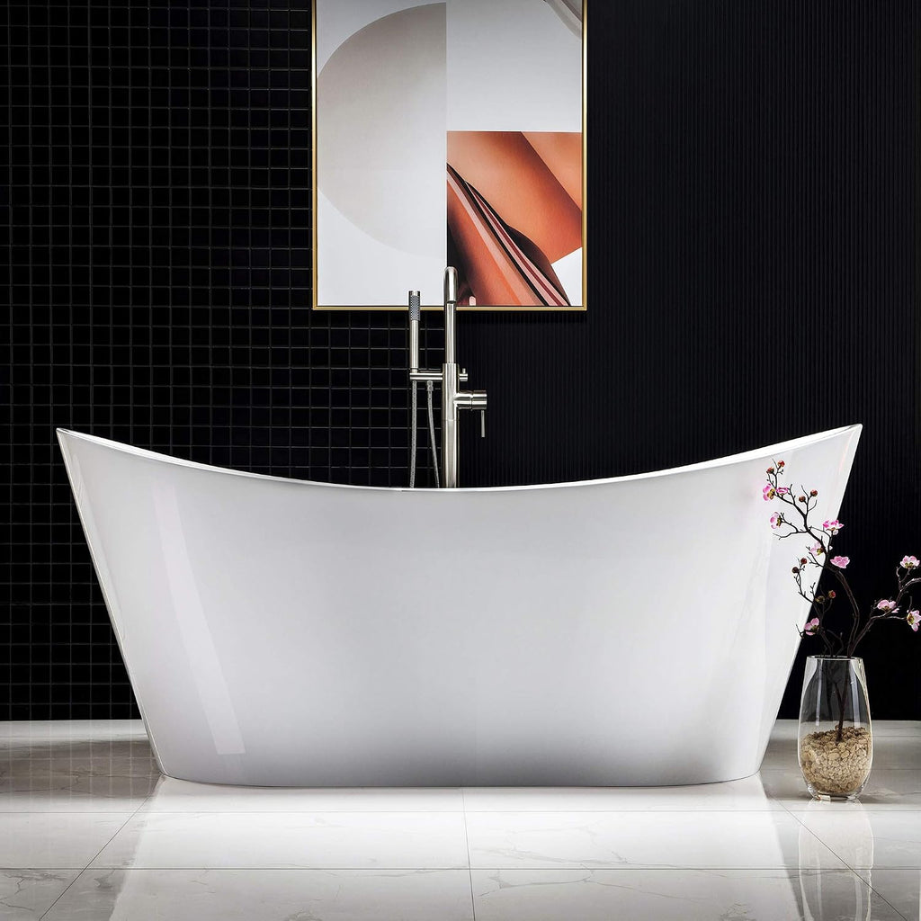 WOODBRIDGE 67' Acrylic Freestanding Bathtub Contemporary Soaking Tub, White Acrylic (Brushed Nickel Drain/Overflow),B-0010 B/N-Drain &O