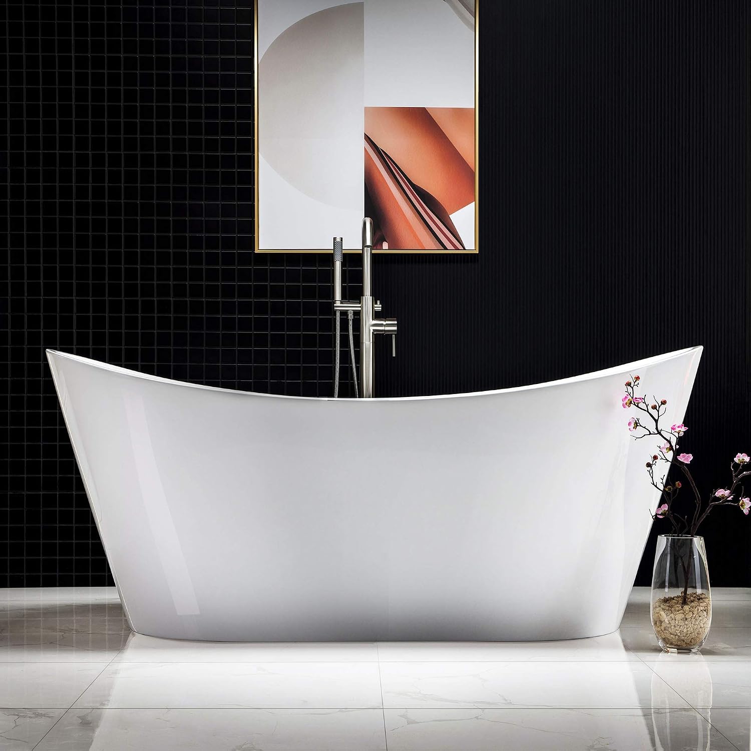 WOODBRIDGE 67' Acrylic Freestanding Bathtub Contemporary Soaking Tub, White Acrylic (Brushed Nickel Drain/Overflow),B-0010 B/N-Drain &O