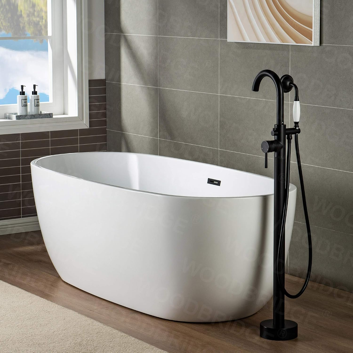 WOODBRIDGE WOODBRIDGEE Contemporary Single Handle Floor Mount Freestanding Tub Filler Faucet with Hand Shower in (Matte Black) Finish,F0006-MBVT