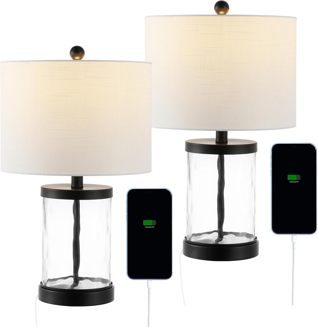 JONATHAN Y 21' Black Modern Industrial Water Glass Table Lamp Set of 2 with USB Charging Port, Iron Bedside Lamp for Bedroom Living Room, White Shade, LED Bulbs Included JYL4058A-SET2