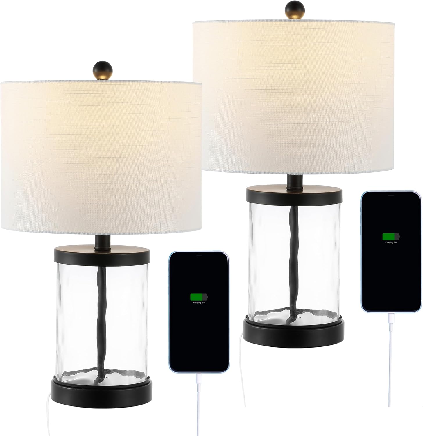 JONATHAN Y 21' Black Modern Industrial Water Glass Table Lamp Set of 2 with USB Charging Port, Iron Bedside Lamp for Bedroom Living Room, White Shade, LED Bulbs Included JYL4058A-SET2