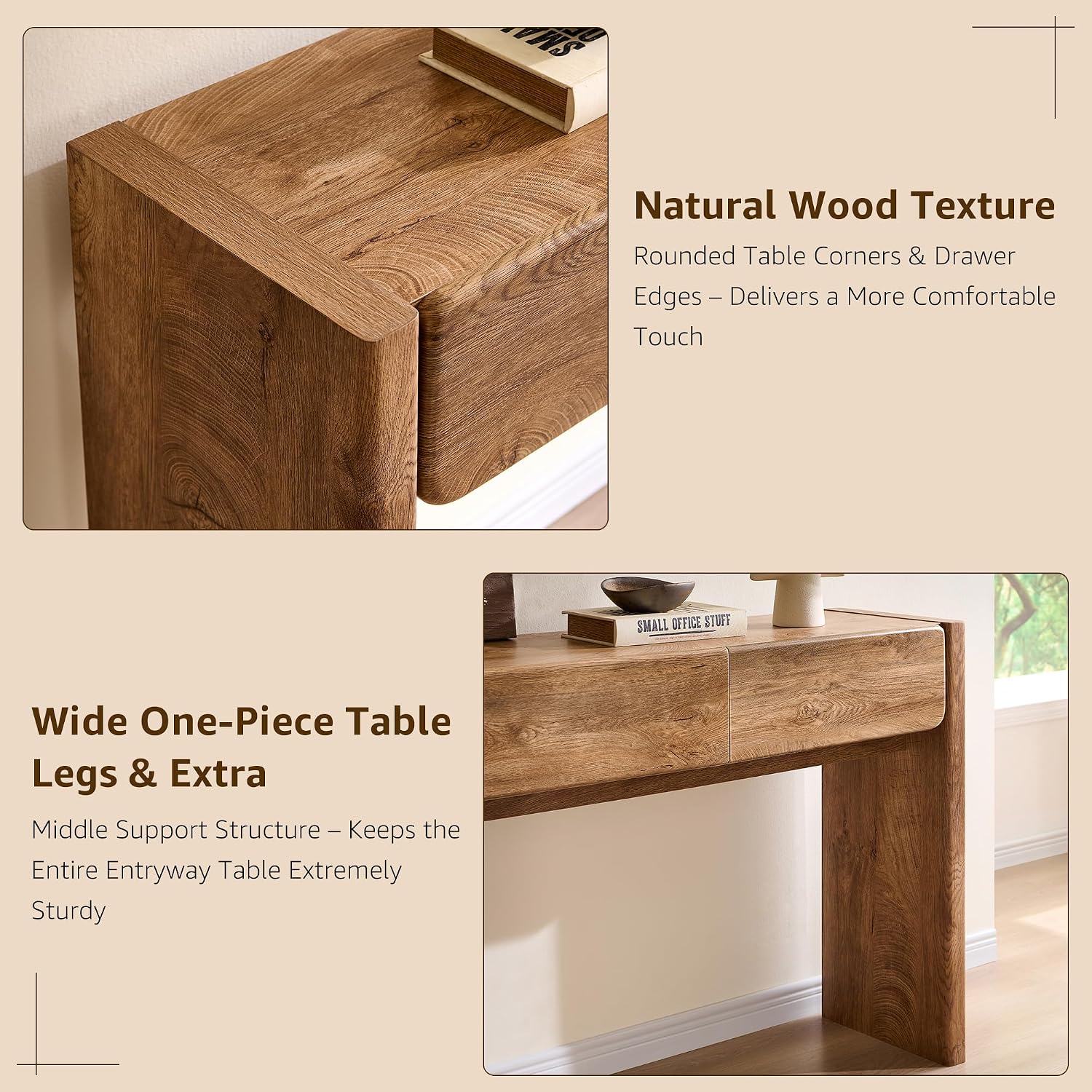 OKD 63'' Console Table with 3 Drawers, Farmhouse Entryway Table with Rounded Corners, Console Table Behind Couch for Living Room/Hallway-Light Knotty Oak