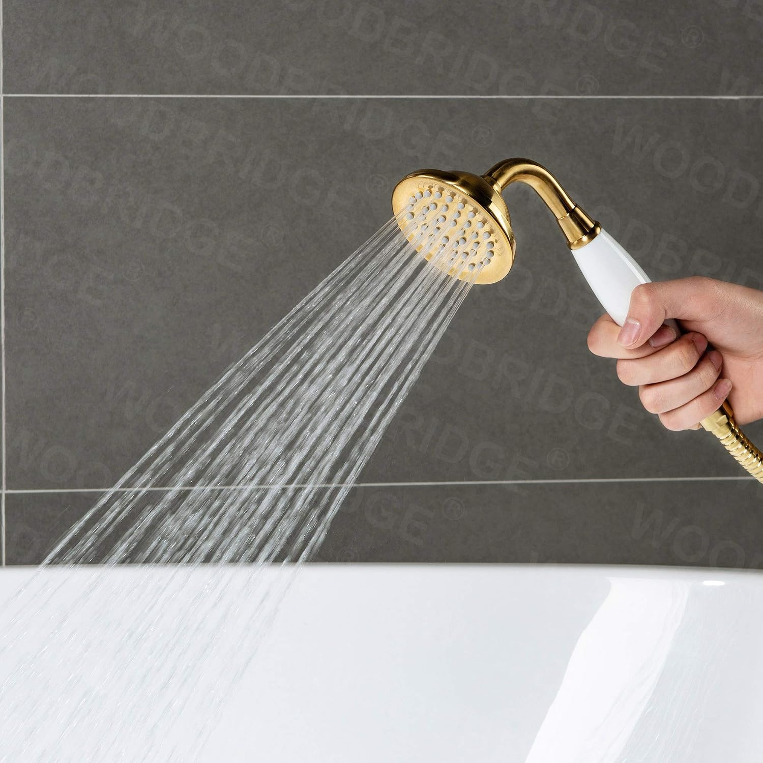 WOODBRIDGE Contemporary Single Handle Floor Mount Freestanding Tub Filler Faucet with Hand Shower in (Brushed Gold) Finish,F0007-BGVT