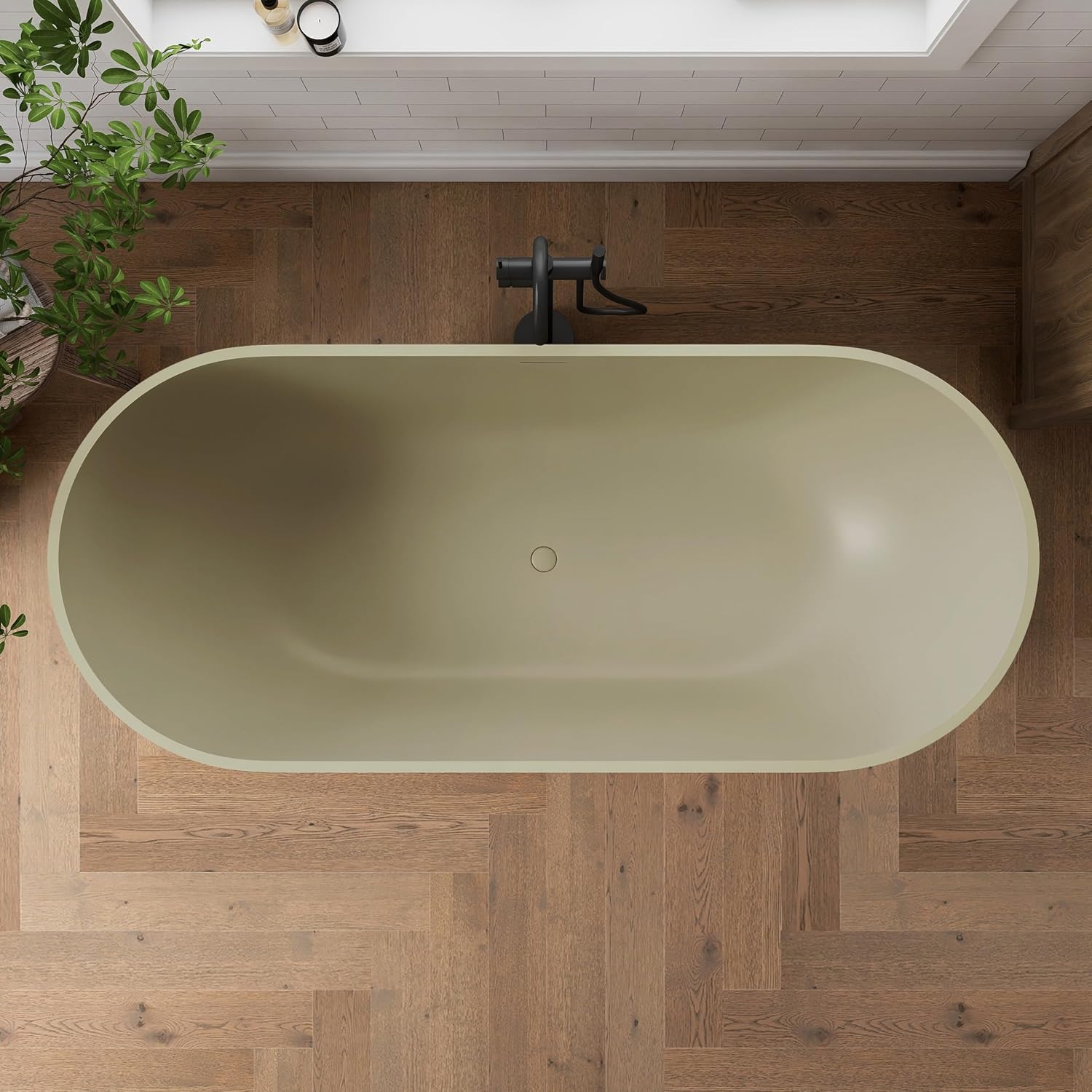 69' Freestanding Solid Surface Bathtub, Matte Olive Green | Resin Stone, Modern Design Stand Alone Tub with Drain, Colorful Free Stand Tub