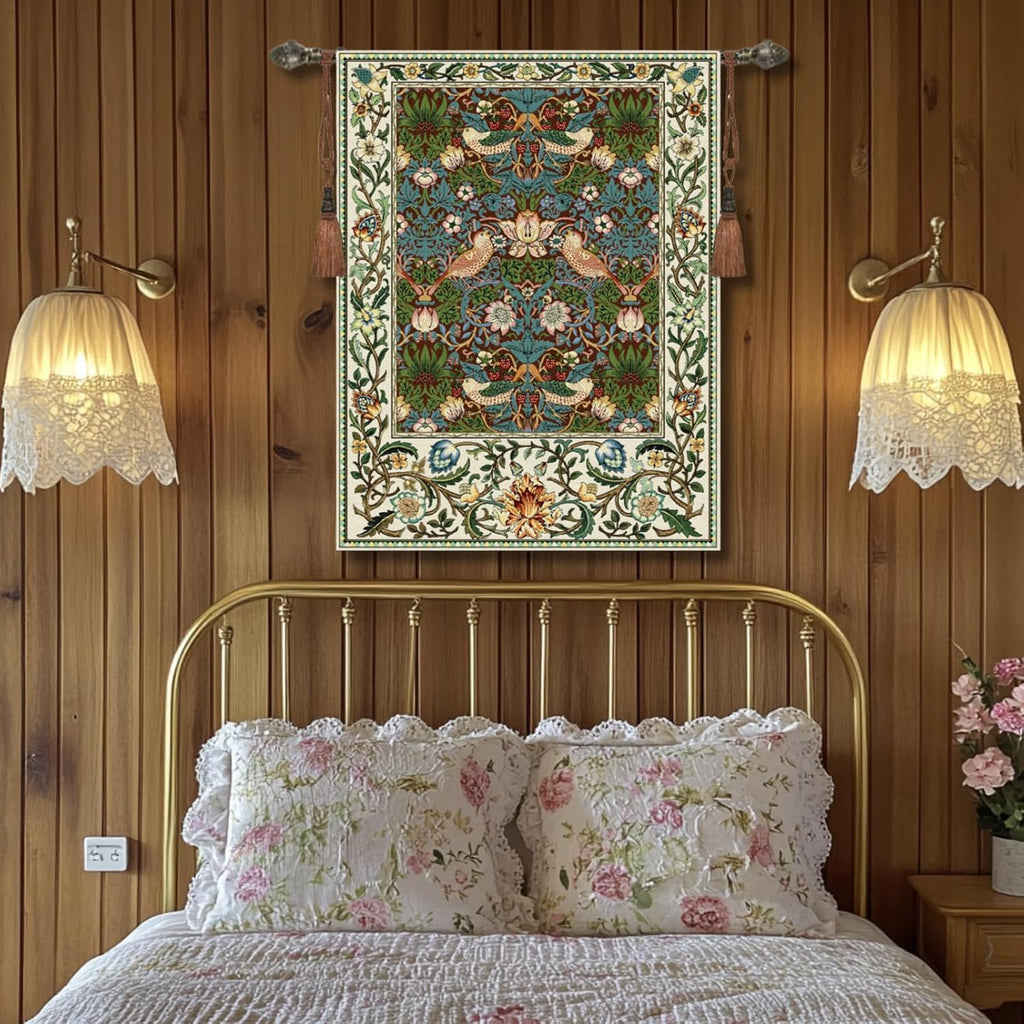 Vintage Medieval Tapestry, William Morris Birds and Flowers, Jacquard Woven Tapestry Wall Hanging for Living Room (Brown)
