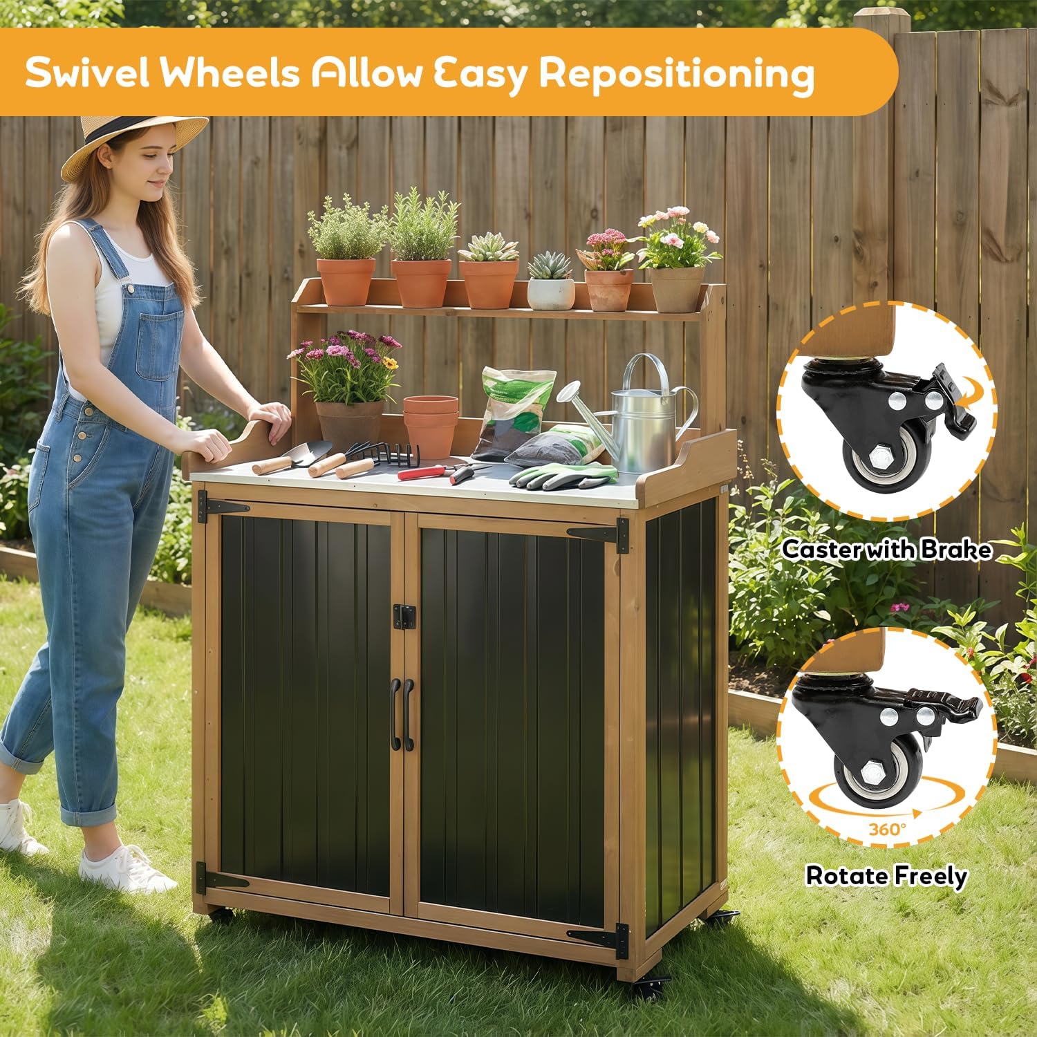Potting Bench Table & Outdoor Storage Cabinet with Lockable Wheels, Adjustable Shelves, Mobile Waterproof Metal Top Workstation for Garden Patio BBQ Organization, Magnetic Latch & Edge Guard