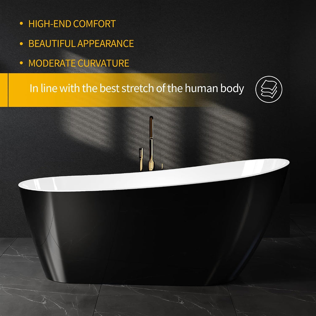 67 Inch Acrylic Freestanding Bathtub, Deep Soaking Tub with One End Raised, White Interior Black Exterior, Modern Stand Alone Acrylic Tub for Home, Bathroom, Chrome Pop-Up Drain and Overflow