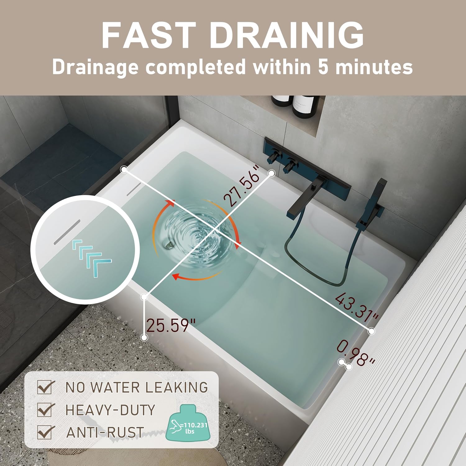 43' Acrylic Freestanding Bathtubs, Stand Alone Tub, Japanese Soaking Tub for Bathroom, Integrated Overflow and Drain, cUPC Certified, Gloss White