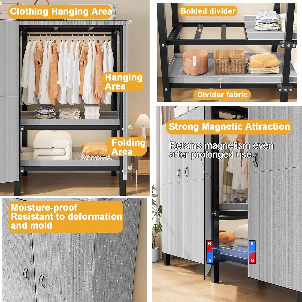 Foldable Portable Closet Wardrobe on Wheel 2000Ibs Heavy-Duty Clothing Rack with Cover Freestanding Metal Clothing Rack Armoire Storage System Rolling Garment Racks(49in/125cm)