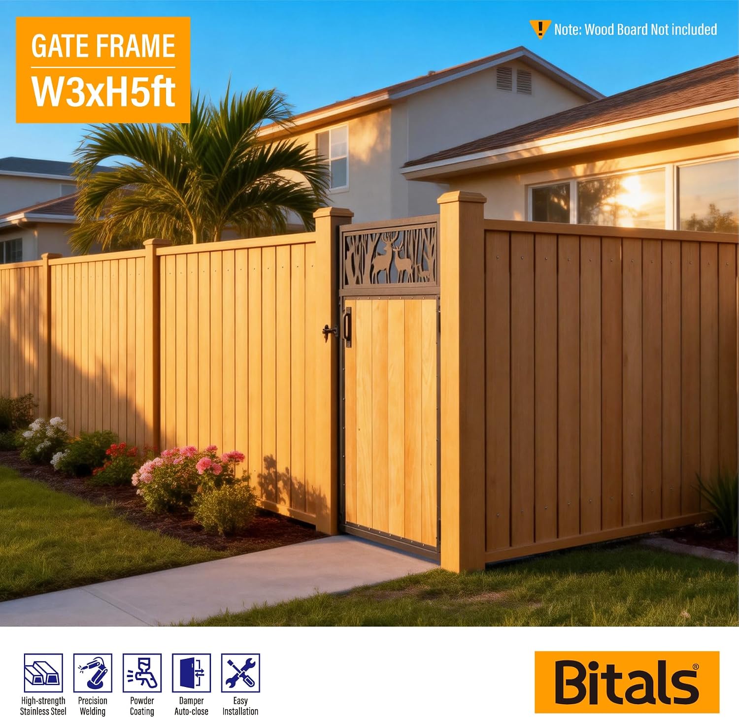3x5FT Fence Gate Frame Kit 201 Stainless Steel Anti-Sag Heavy Duty Garden Gate Reinforcement Hardware, Left/Right Mount (No Panels Included)(34.8'W X 59'H)