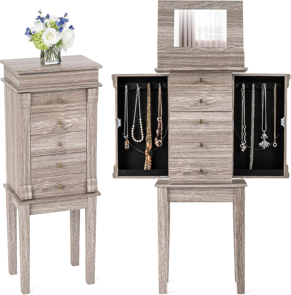 Giantex Jewelry Cabinet Armoire with Flip Top Mirror, 5 Drawers & Swing Doors, Space-Saving Jewelry Organizer for Necklaces, Rings, Bracelets, Watches, Velvet Lined, Light Gray Oak