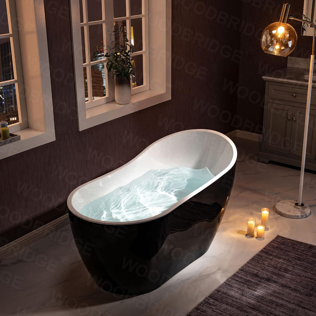 WOODBRIDGE 54' Freestanding White Acylic Soaking Bathtub with Matte Black Drain and Overflow,Black,B1807-MB