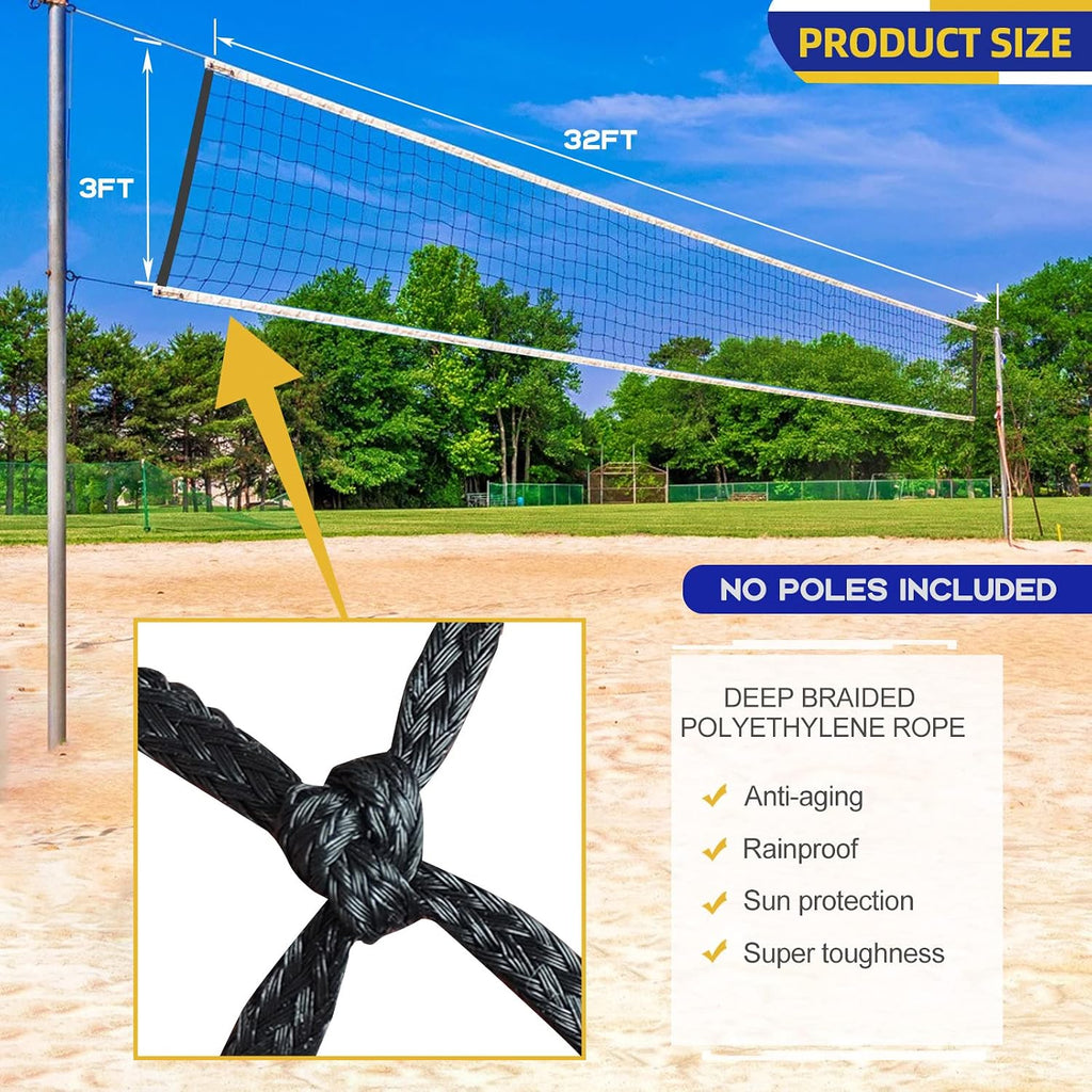 Replacement Professional Sports Volleyball Net with High Strength Cable & Two Side Tape Reinforcement Dowels，4 Inch Square Mesh Heavy-Duty Net for Indoor Outdoor（Standard 3'H x 32'L）