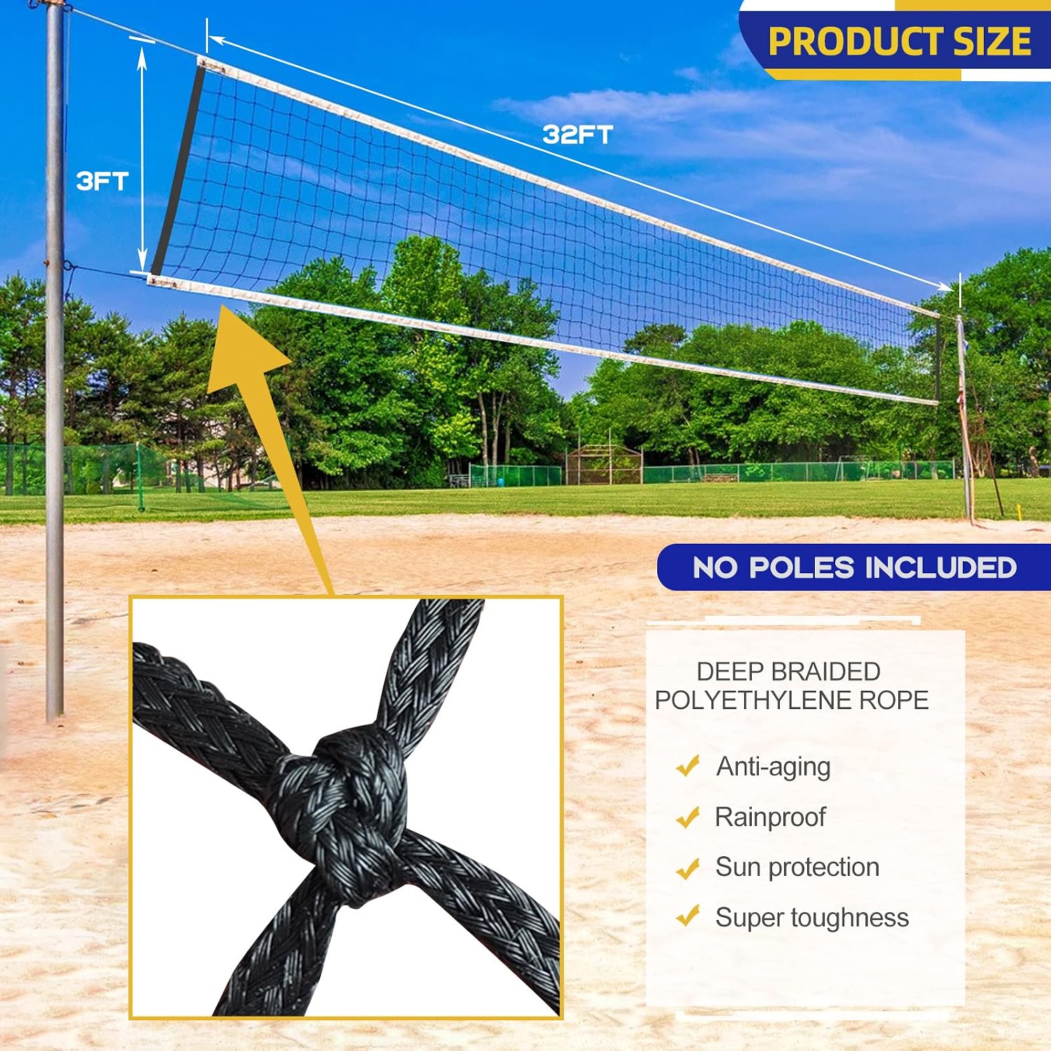 Replacement Professional Sports Volleyball Net with High Strength Cable & Two Side Tape Reinforcement Dowels，4 Inch Square Mesh Heavy-Duty Net for Indoor Outdoor（Standard 3'H x 32'L）