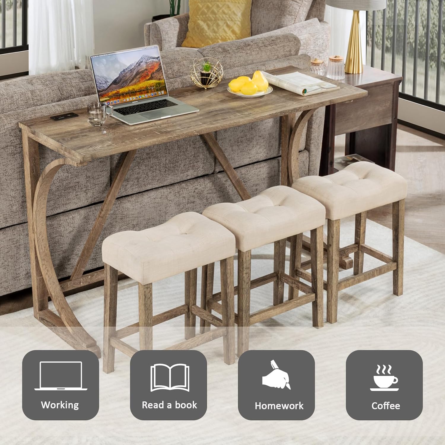 Polibi 4-Piece Farmhouse Counter Height Dining Set,Bar Table and Chairs Set,Bar Table with Power Outlet and 3 Padded Saddle Seat Stools for Living Room,Dining Room,Game Room,Brown