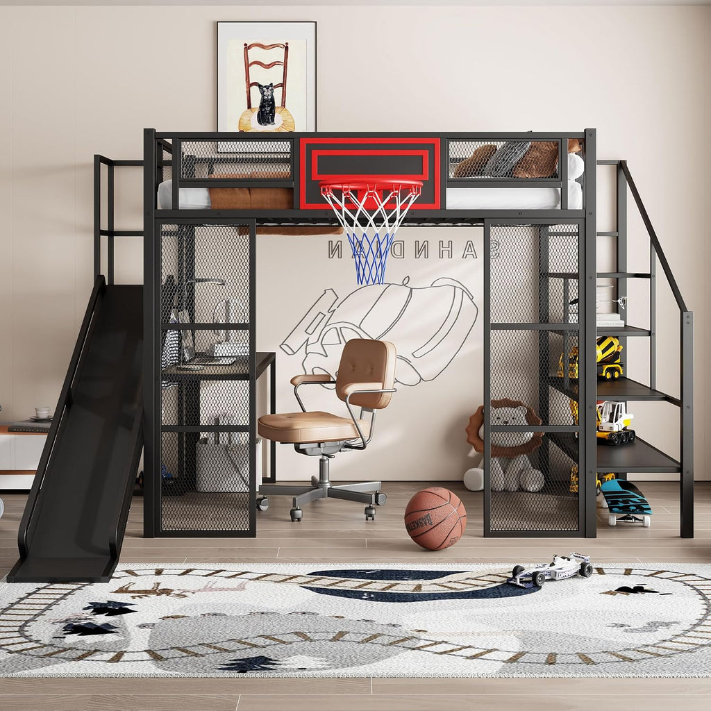 Merax Full Size Metal Loft Bed with Slide and Stairs, Loft Bed Frame with Built-in Desk, Open Wardrobe, Basketball Hoop, Space-Saving Loft Bed Frame with Storage Staircase for Kids Teens Boys, Black